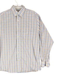 Orvis Mens Plaid Button Down Long Sleeve Shirt Active Fit Large Blue Beige